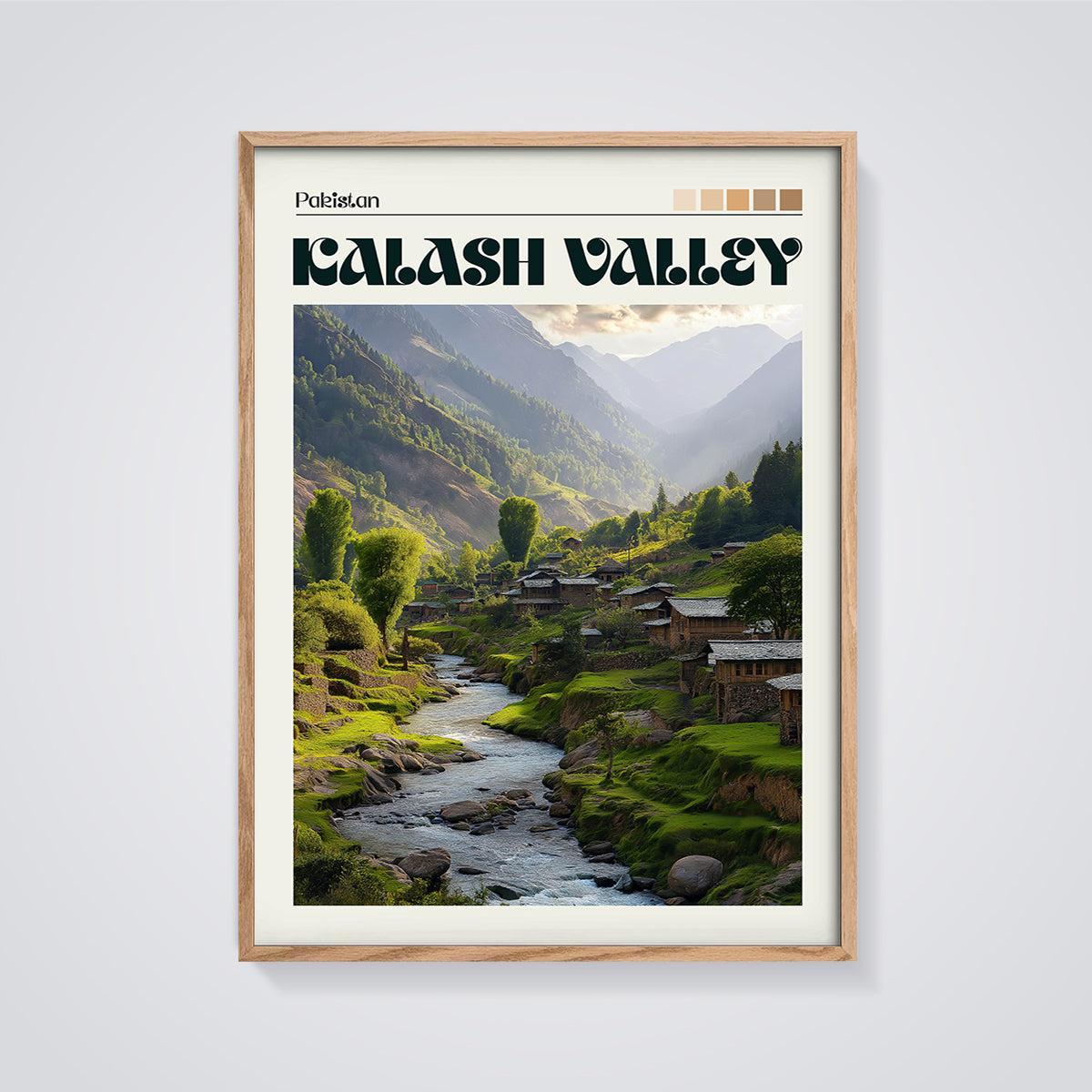 Kalash Valley Pakistan Print framed in oak on a grey background