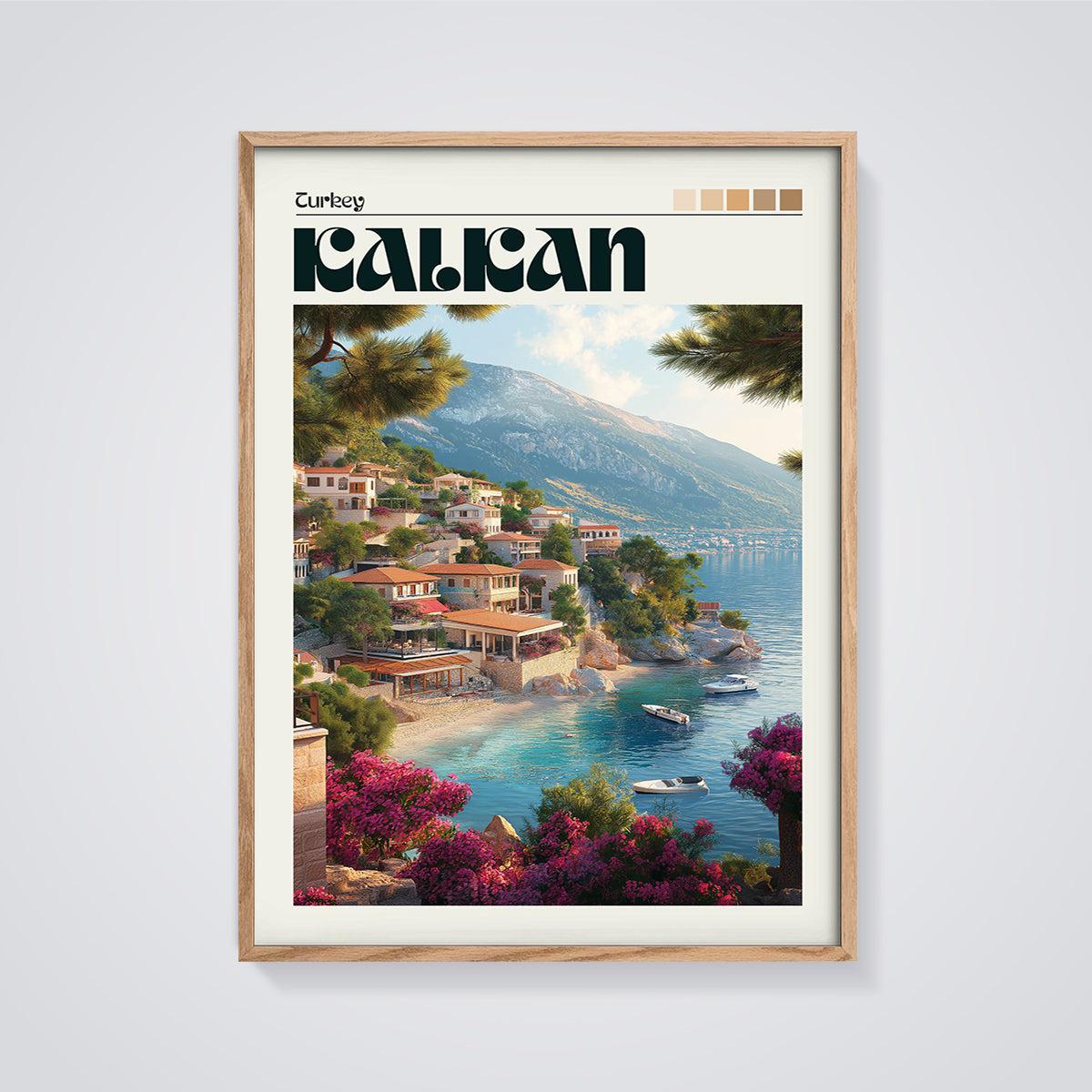 Kalkan Turkey Coastal Village Print framed in oak on a grey background
