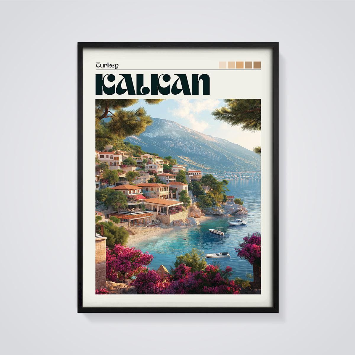 Kalkan Turkey Coastal Village Print framed in black on a grey background