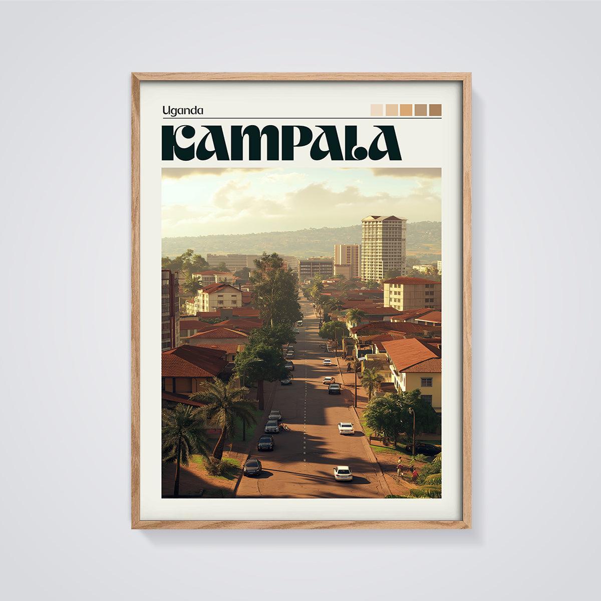 Kampala Cityscape Print framed in oak on a grey background