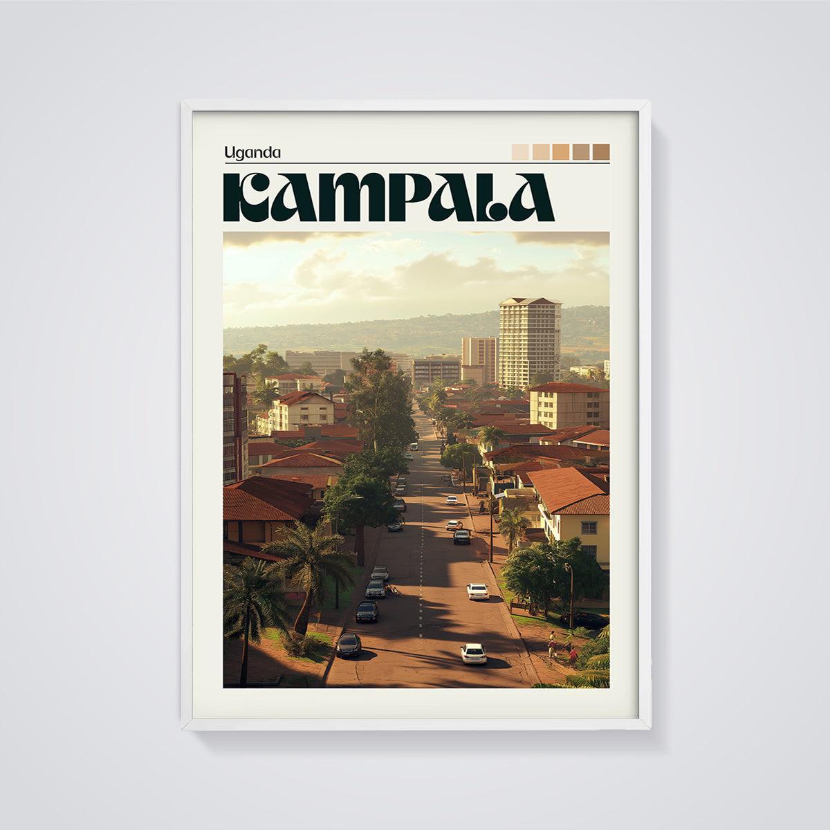 Kampala Cityscape Print framed in white on a grey background
