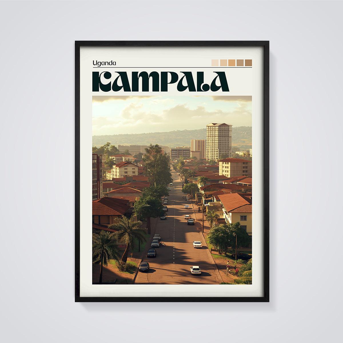 Kampala Cityscape Print framed in black on a grey background