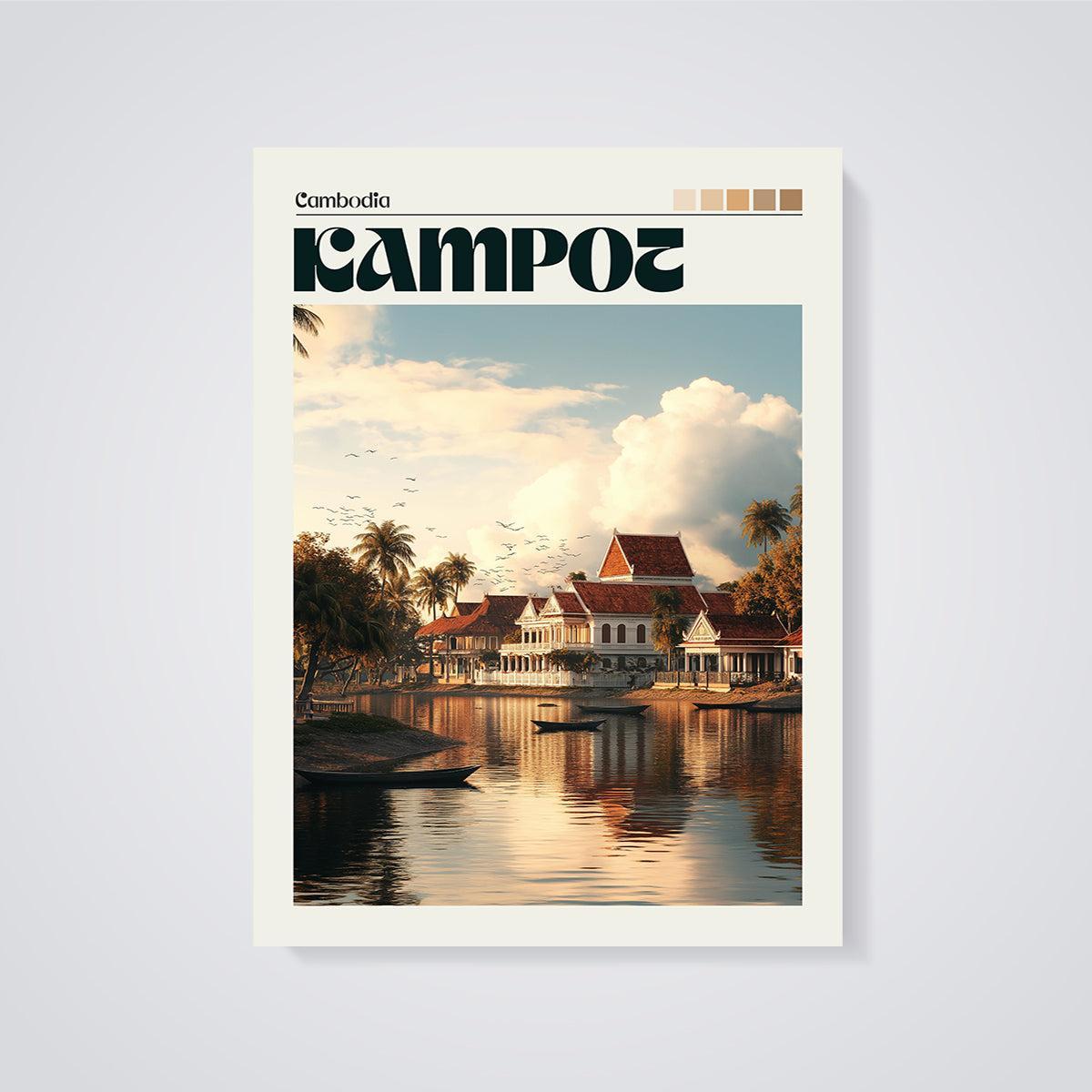 Kampot Waterfront Sunset Print unframed on a grey background