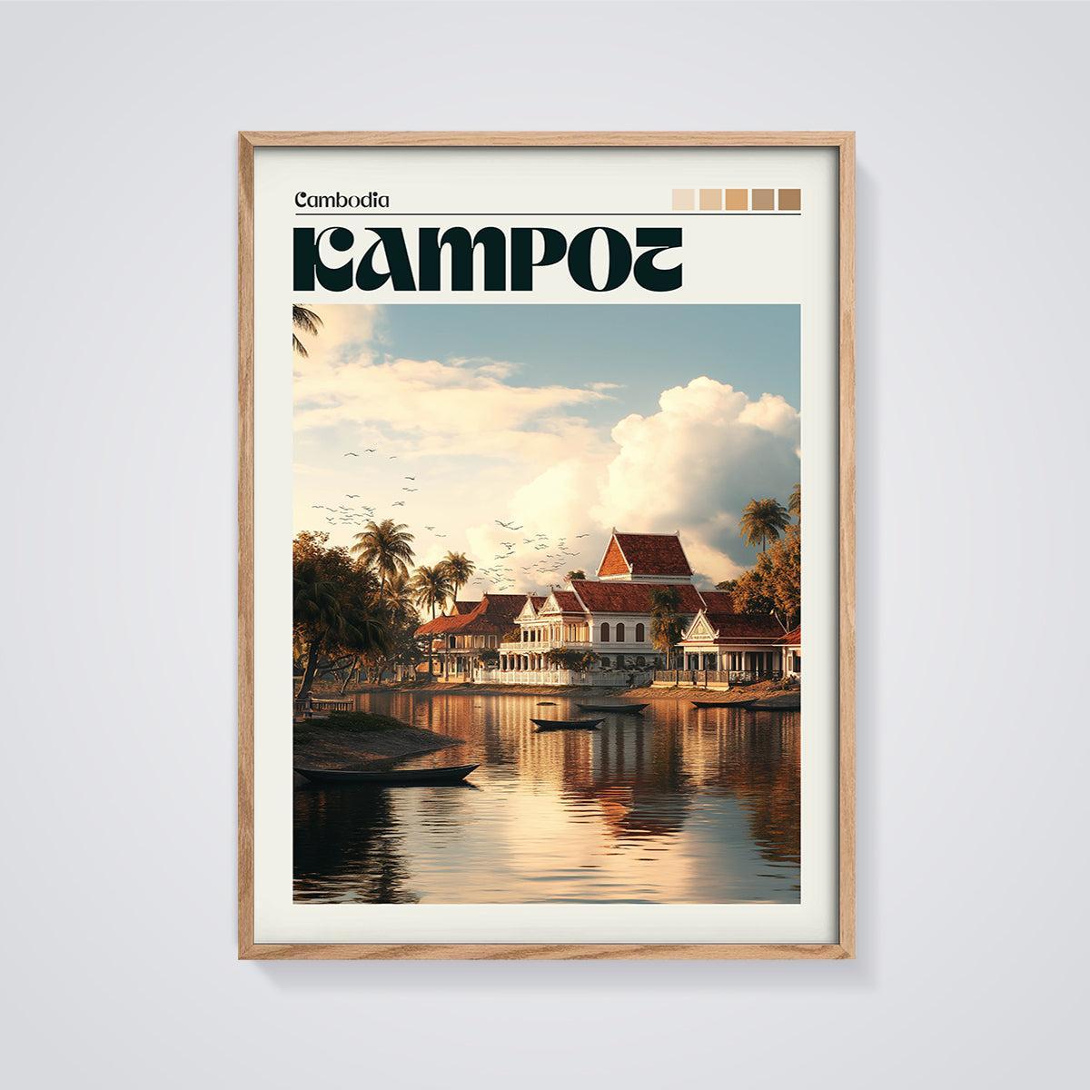 Kampot Waterfront Sunset Print framed in oak on a grey background