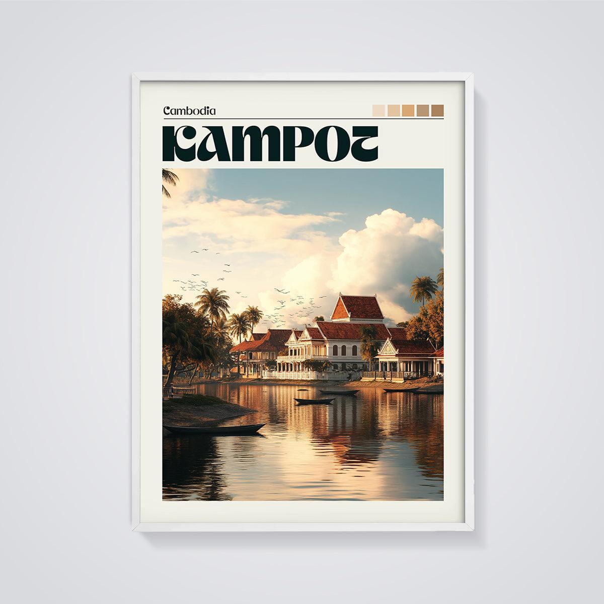 Kampot Waterfront Sunset Print framed in white on a grey background