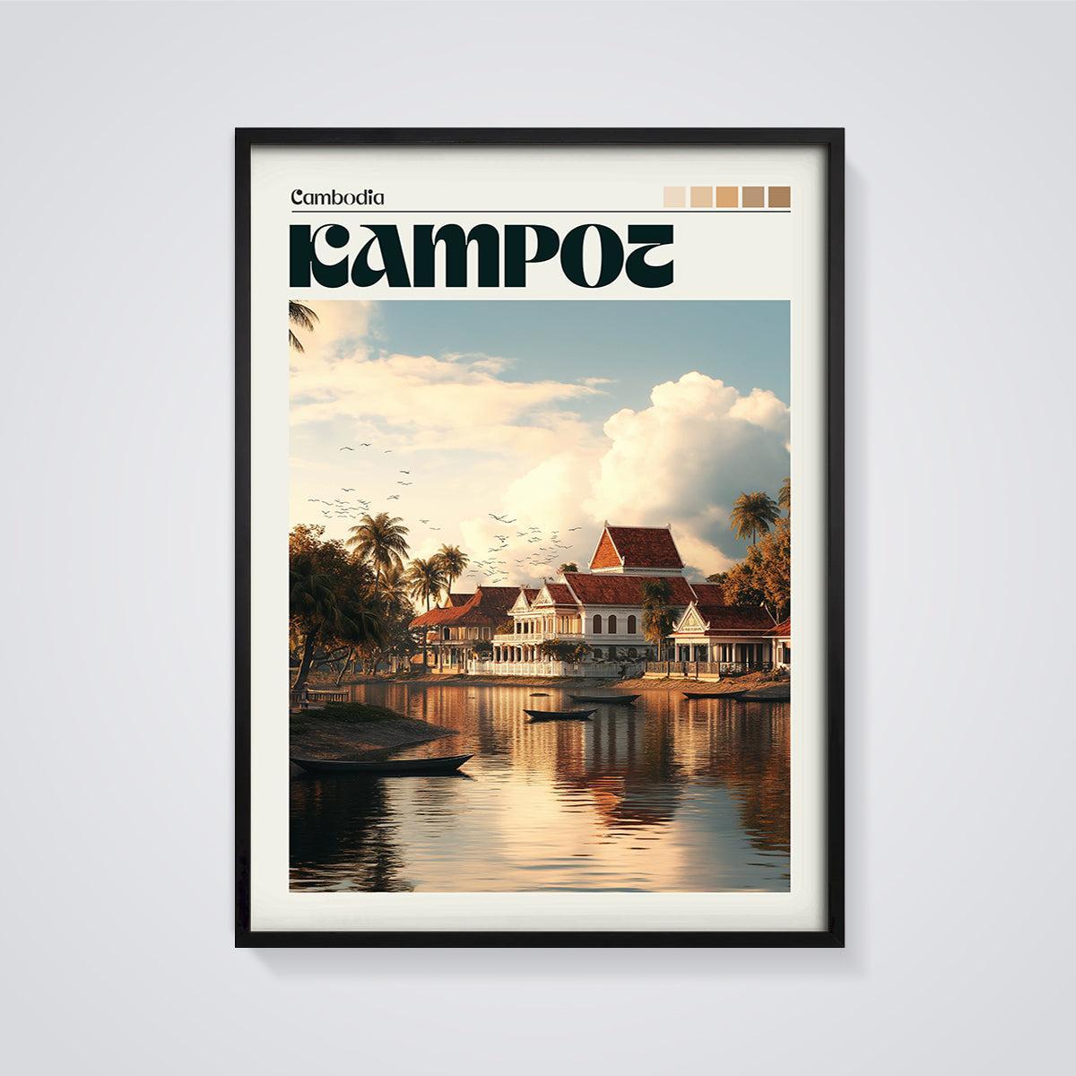Kampot Waterfront Sunset Print framed in black on a grey background