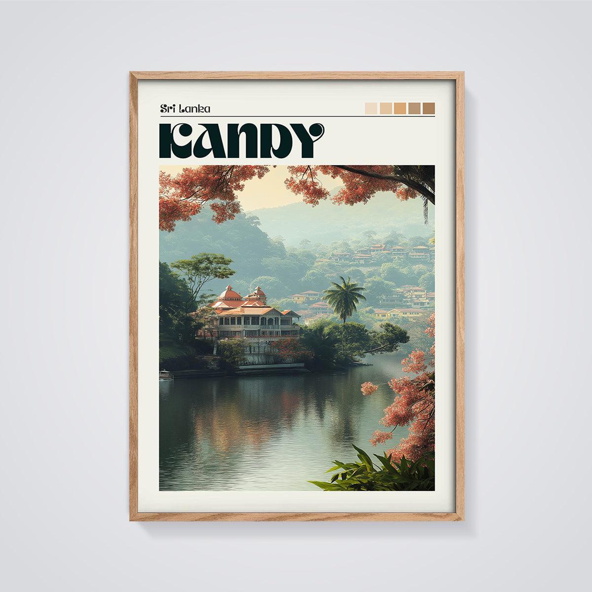 Kandy Sri Lanka Lake View Print framed in oak on a grey background