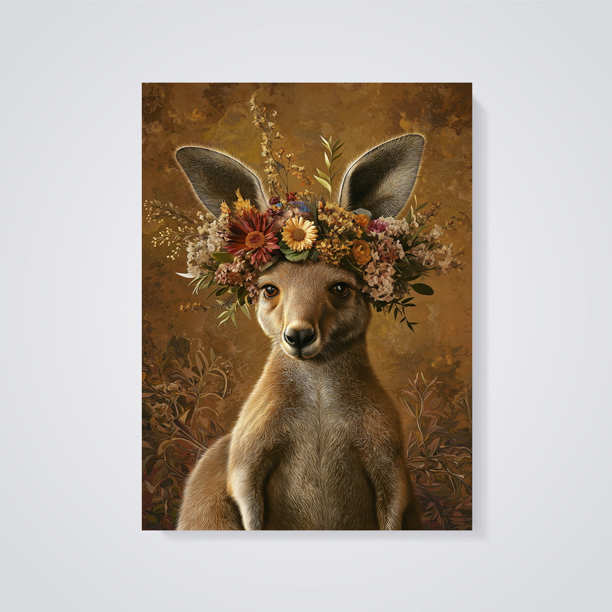 Kangaroo Floral Crown Print unframed on a grey background