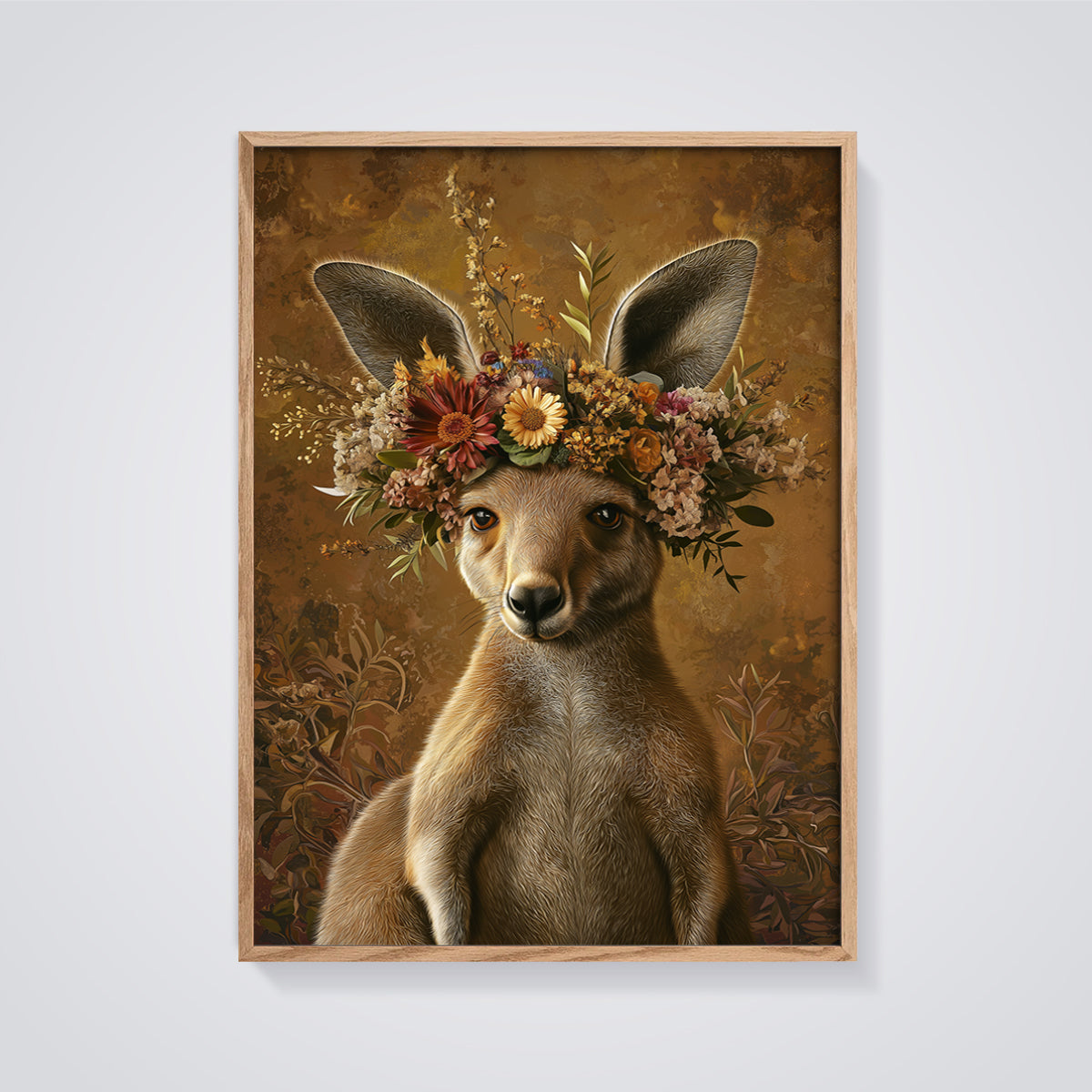 Kangaroo Floral Crown Print framed in oak on a grey background