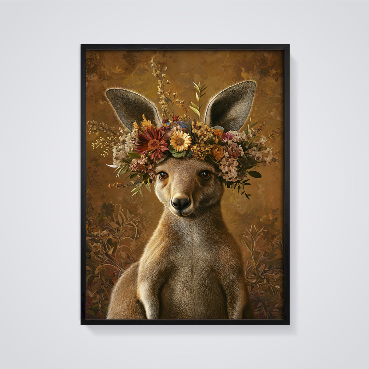 Kangaroo Floral Crown Print framed in black on a grey background