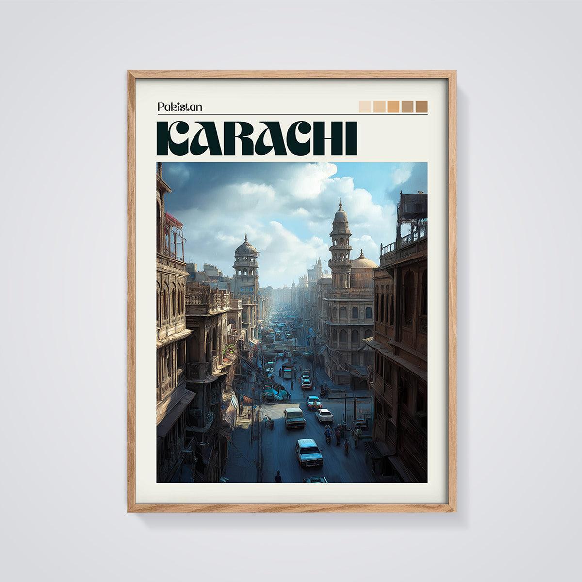 Karachi Cityscape Print framed in oak on a grey background