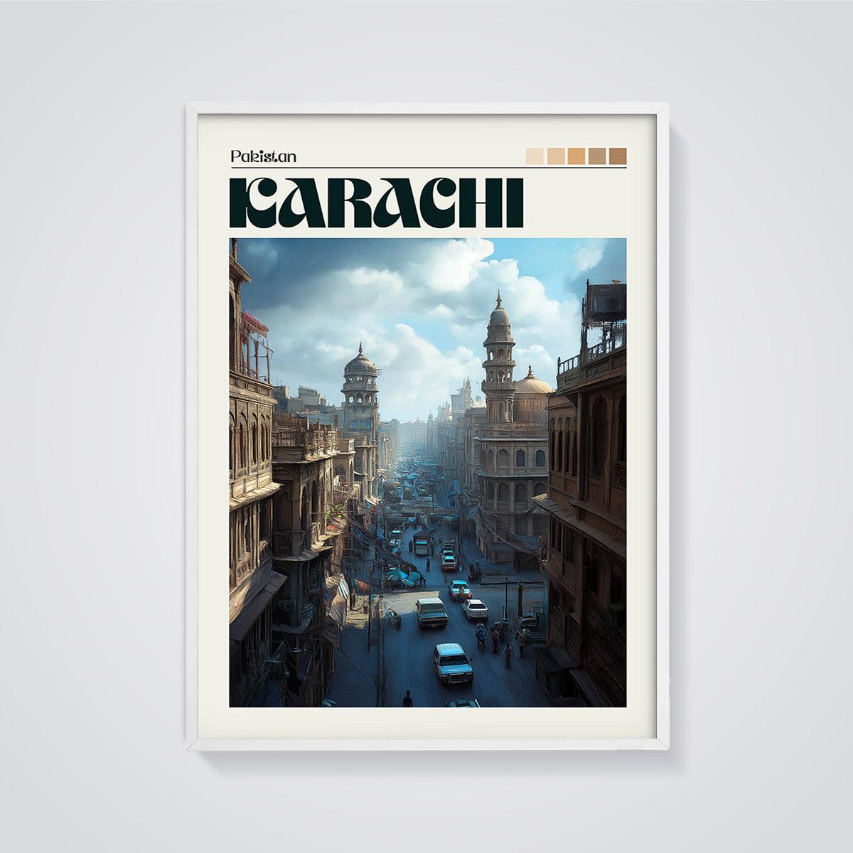 Karachi Cityscape Print framed in white on a grey background