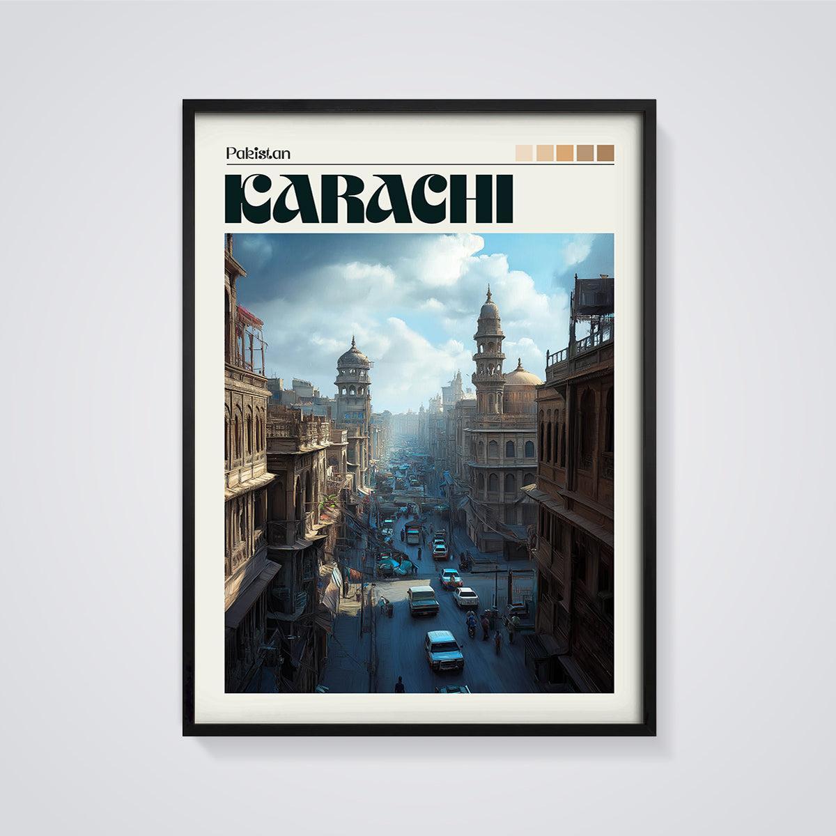 Karachi Cityscape Print framed in black on a grey background