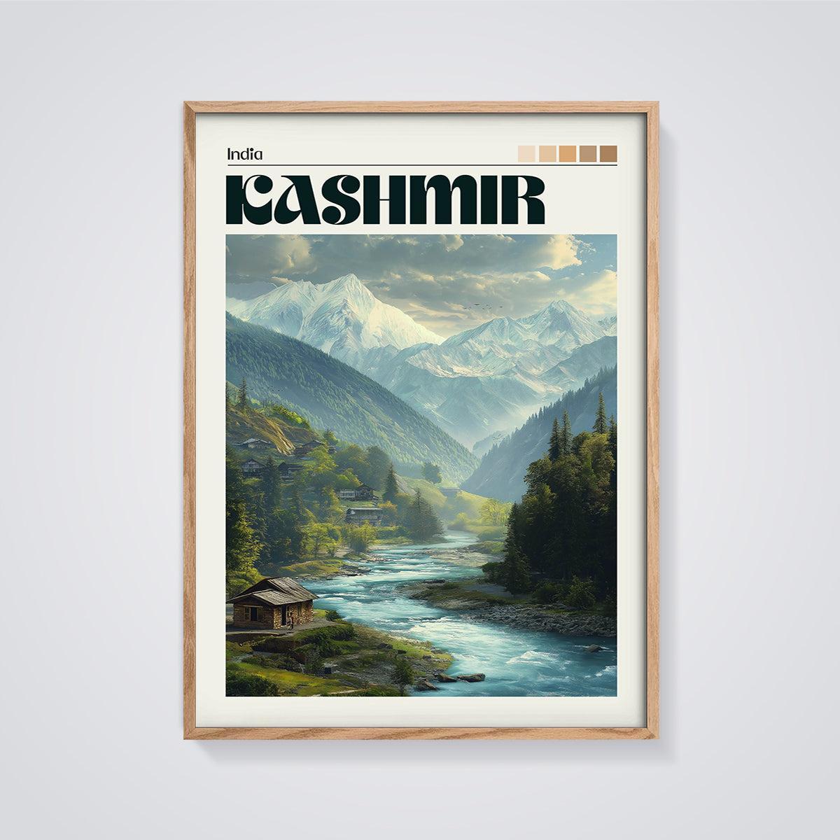 Kashmir Himalayan Valley Print framed in oak on a grey background