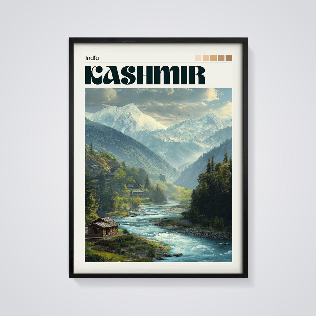 Kashmir Himalayan Valley Print framed in black on a grey background