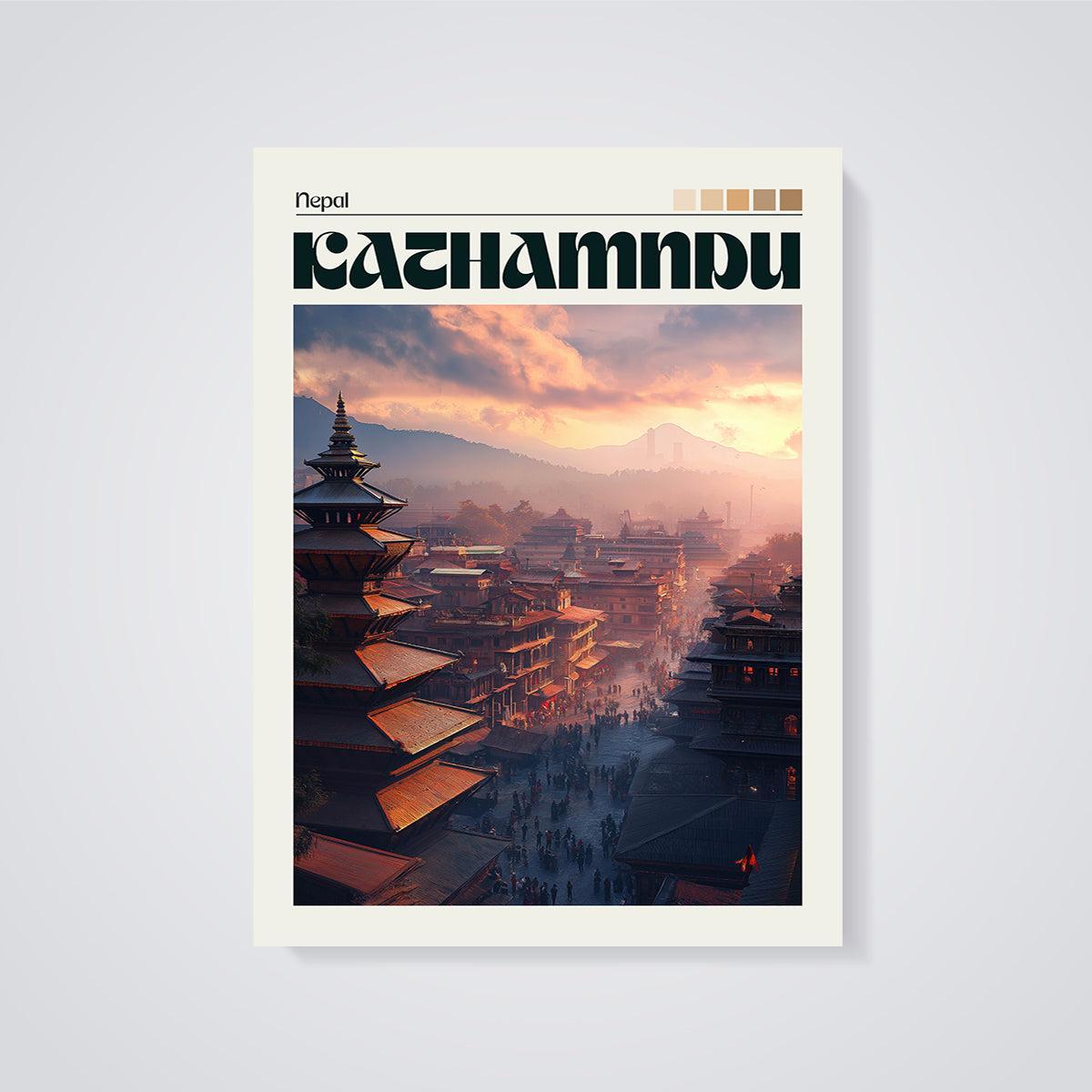 Kathmandu Cityscape Sunset Print unframed on a grey background