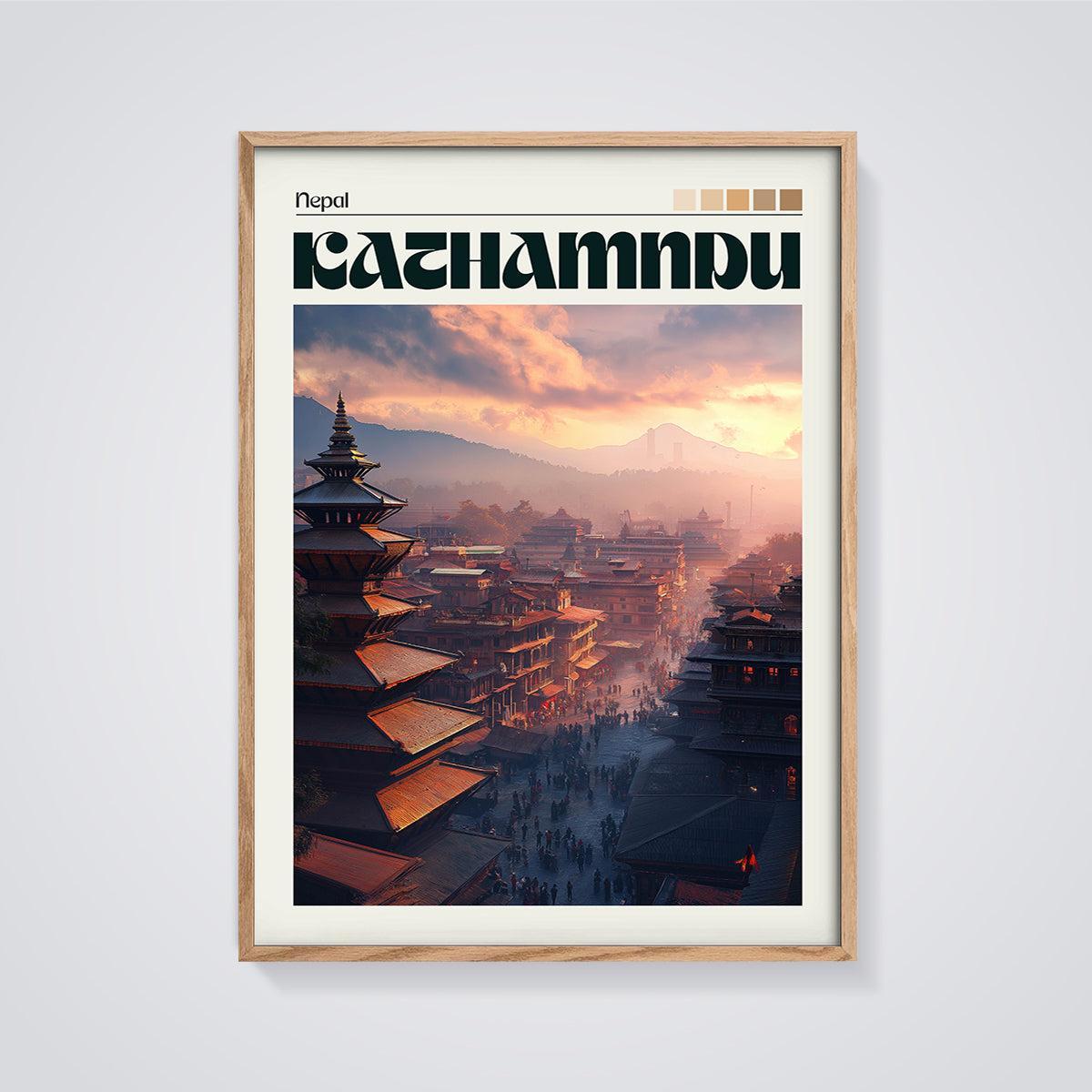 Kathmandu Cityscape Sunset Print framed in oak on a grey background