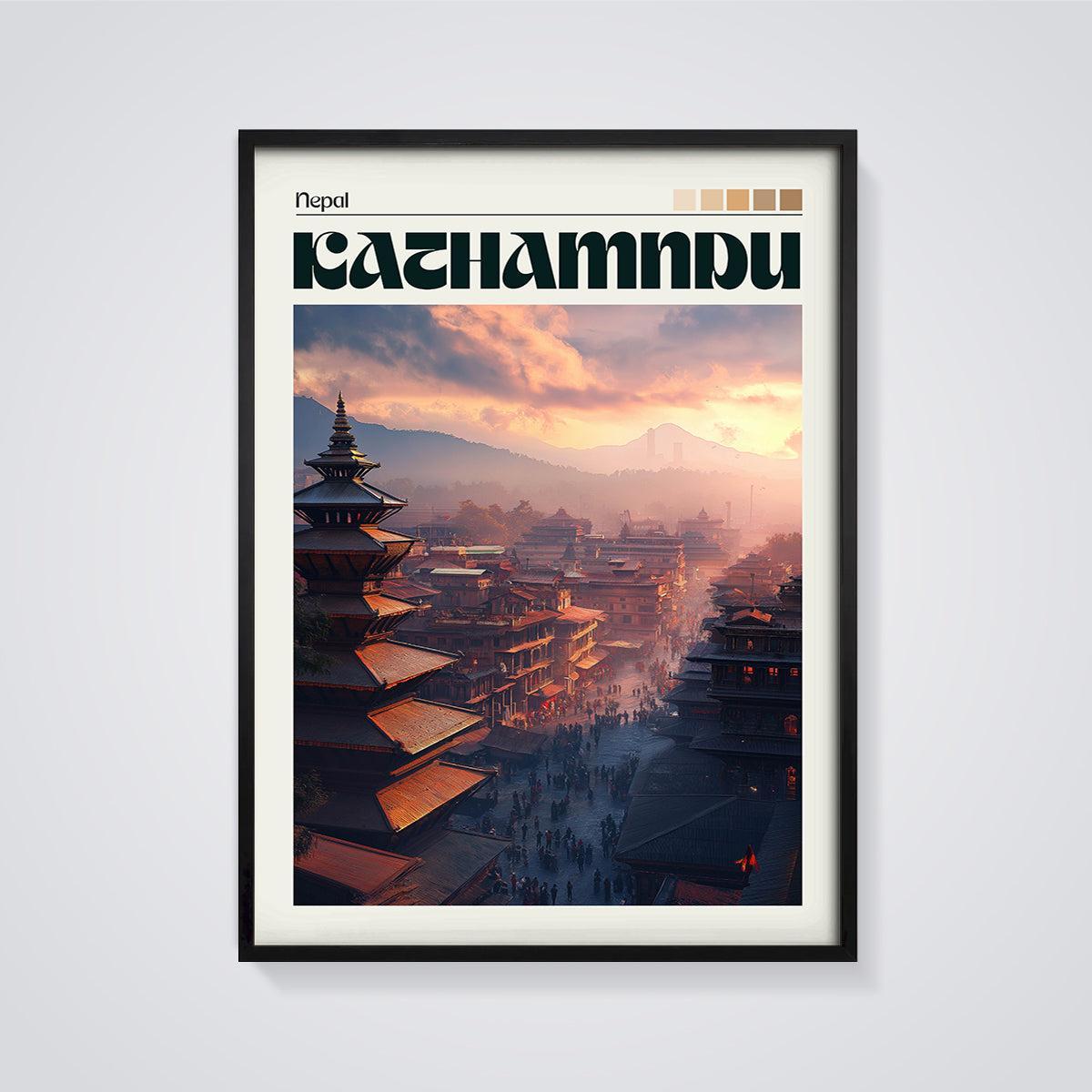 Kathmandu Cityscape Sunset Print framed in black on a grey background