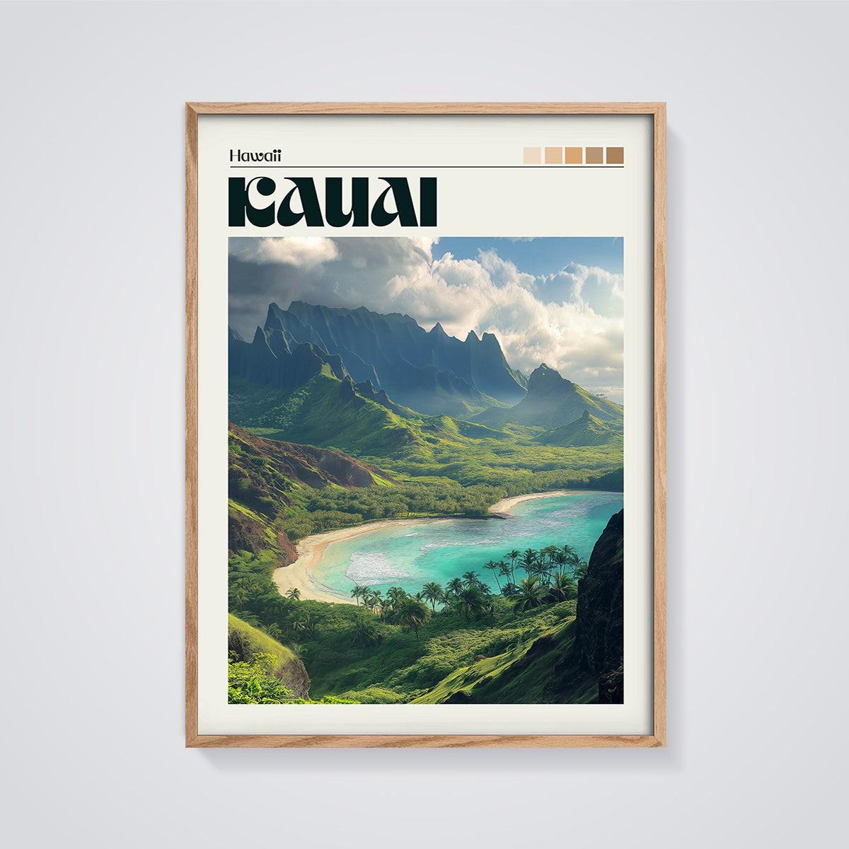 Kauai Na Pali Coast Print framed in oak on a grey background