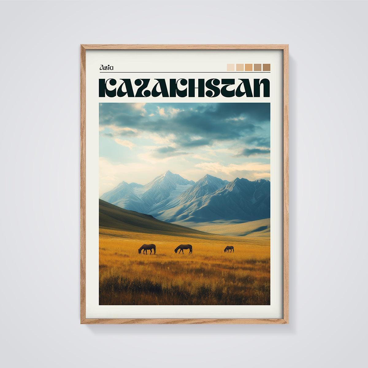 Kazakhstan Steppe Horses Print framed in oak on a grey background