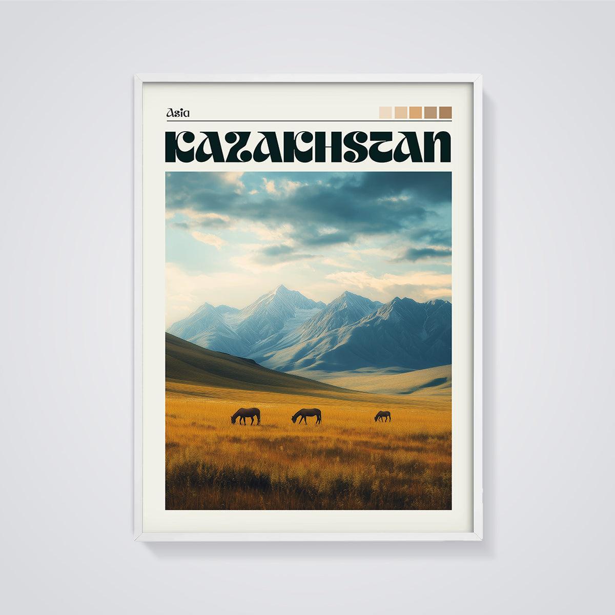 Kazakhstan Steppe Horses Print framed in white on a grey background