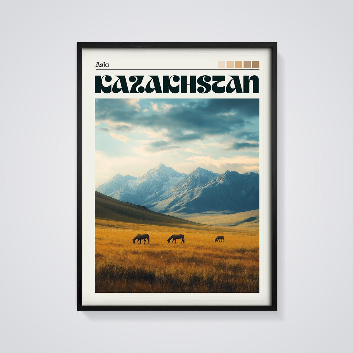 Kazakhstan Steppe Horses Print framed in black on a grey background