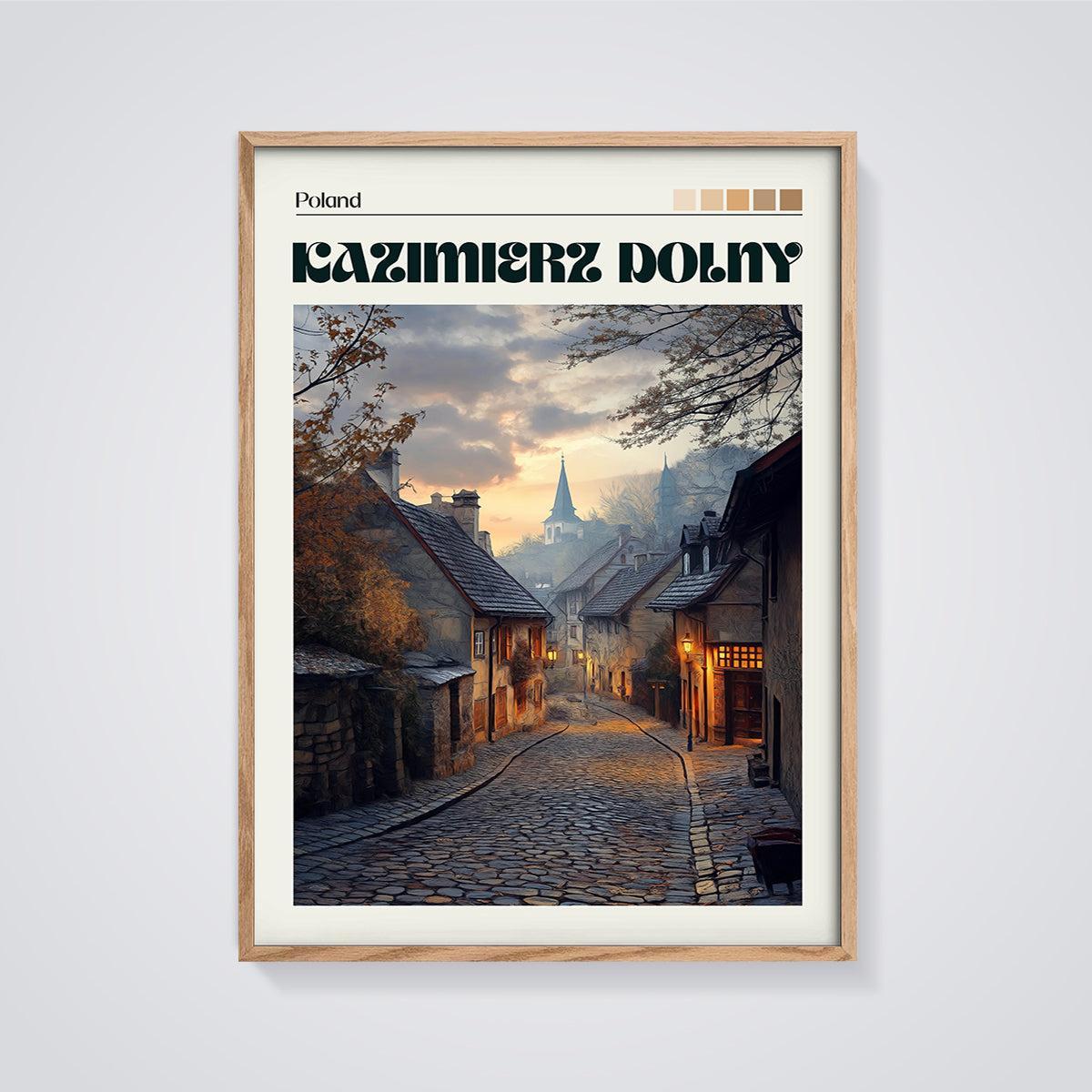Kazimierz Dolny Old Town Print framed in oak on a grey background