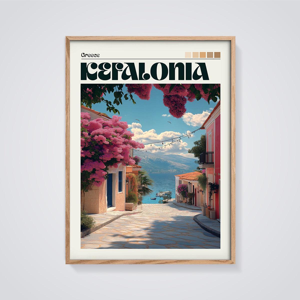 Kefalonia Bougainvillea Street Print framed in oak on a grey background