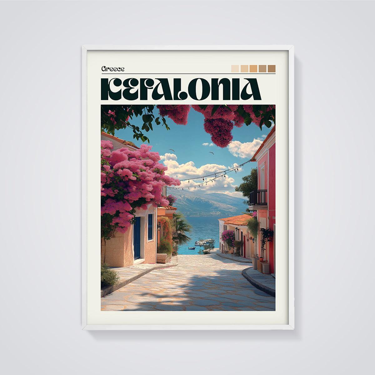Kefalonia Bougainvillea Street Print framed in white on a grey background