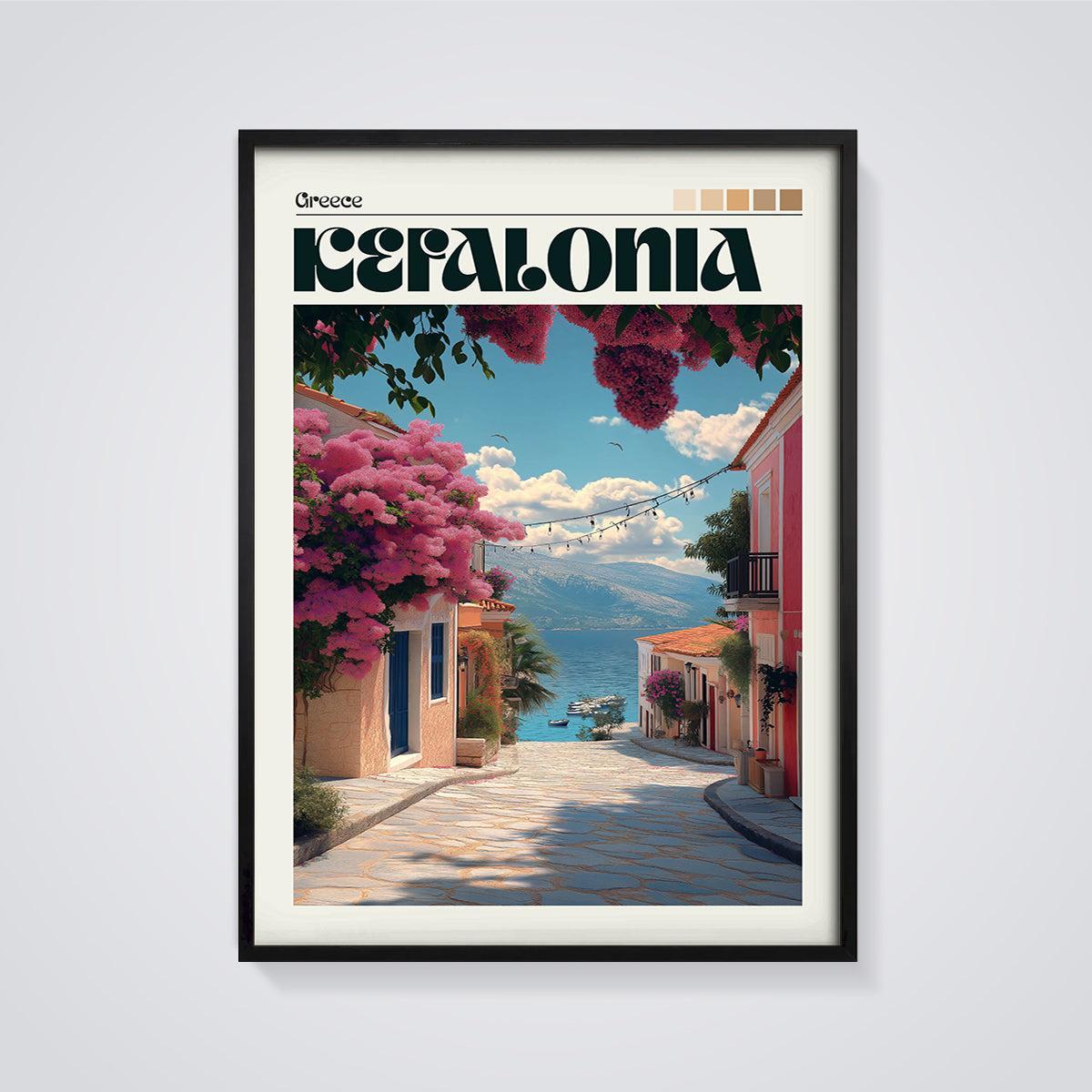 Kefalonia Bougainvillea Street Print framed in black on a grey background