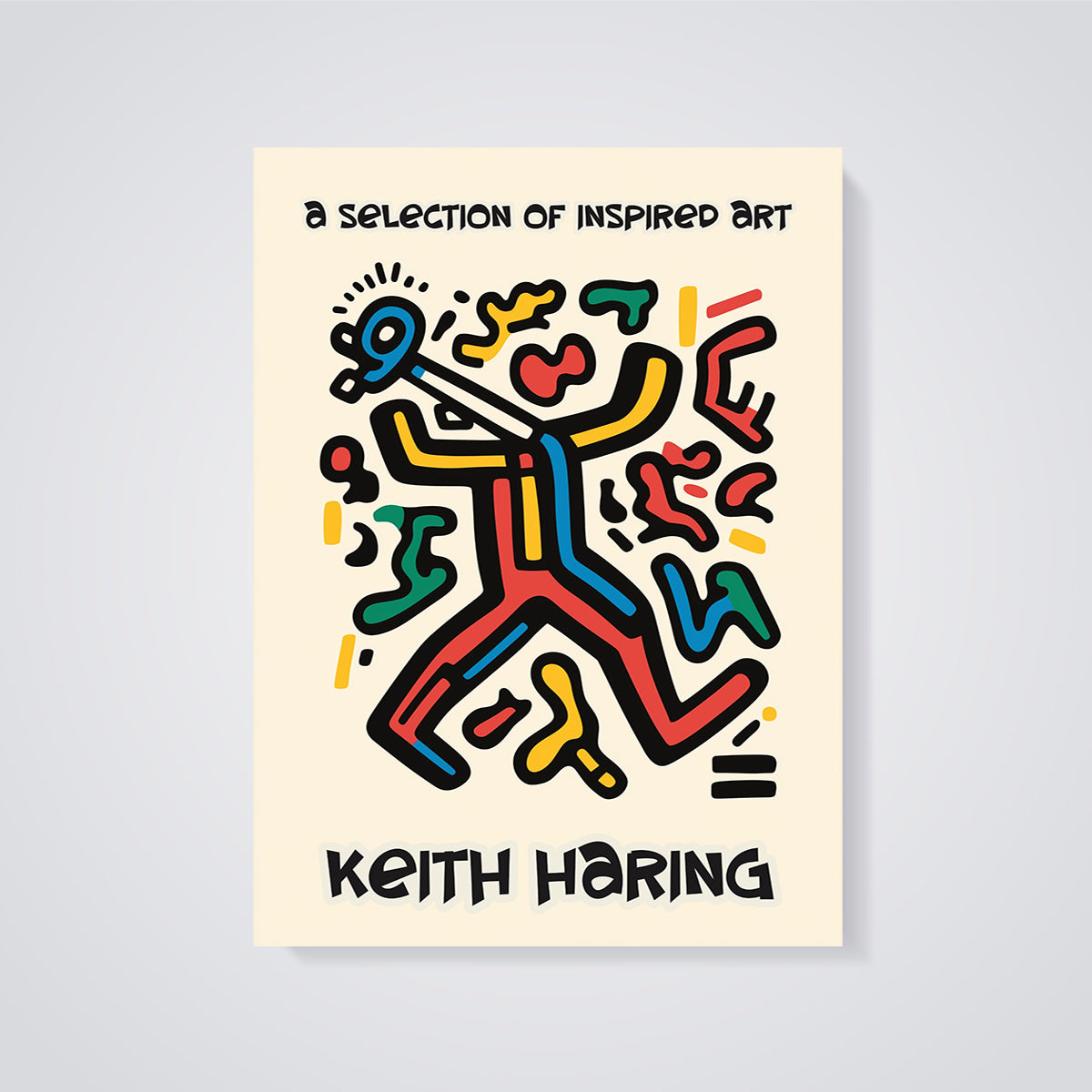 Keith Haring Style Vibrant Figure Print unframed on a grey background