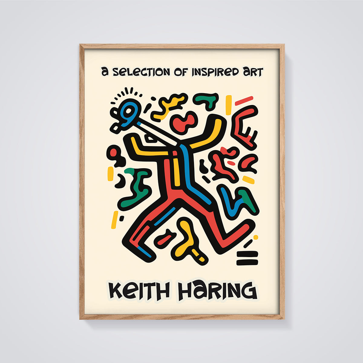 Keith Haring Style Vibrant Figure Print framed in oak on a grey background