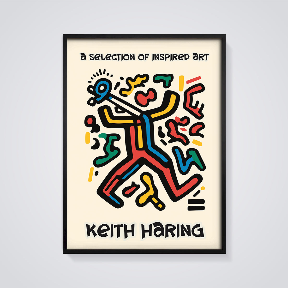 Keith Haring Style Vibrant Figure Print framed in black on a grey background