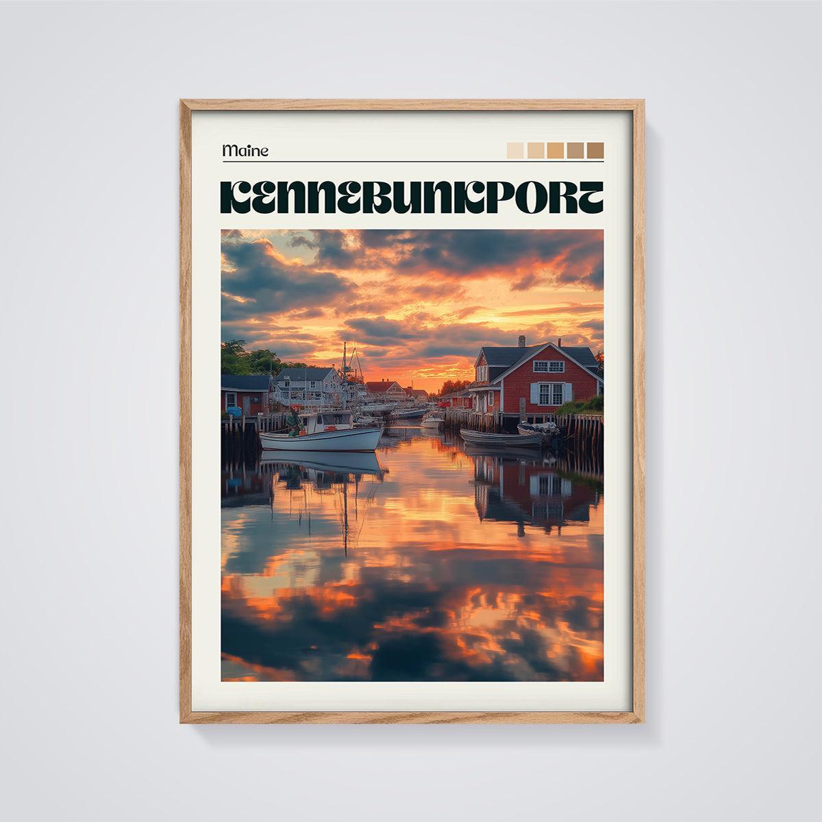 Kennebunkport Maine Sunset Harbor Print framed in oak on a grey background