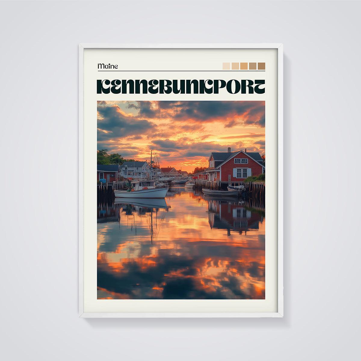 Kennebunkport Maine Sunset Harbor Print framed in white on a grey background