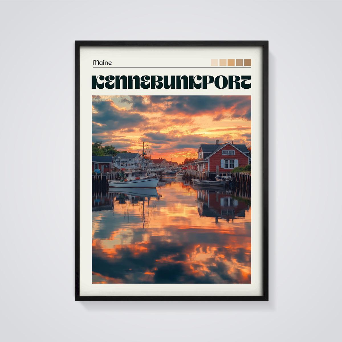 Kennebunkport Maine Sunset Harbor Print framed in black on a grey background