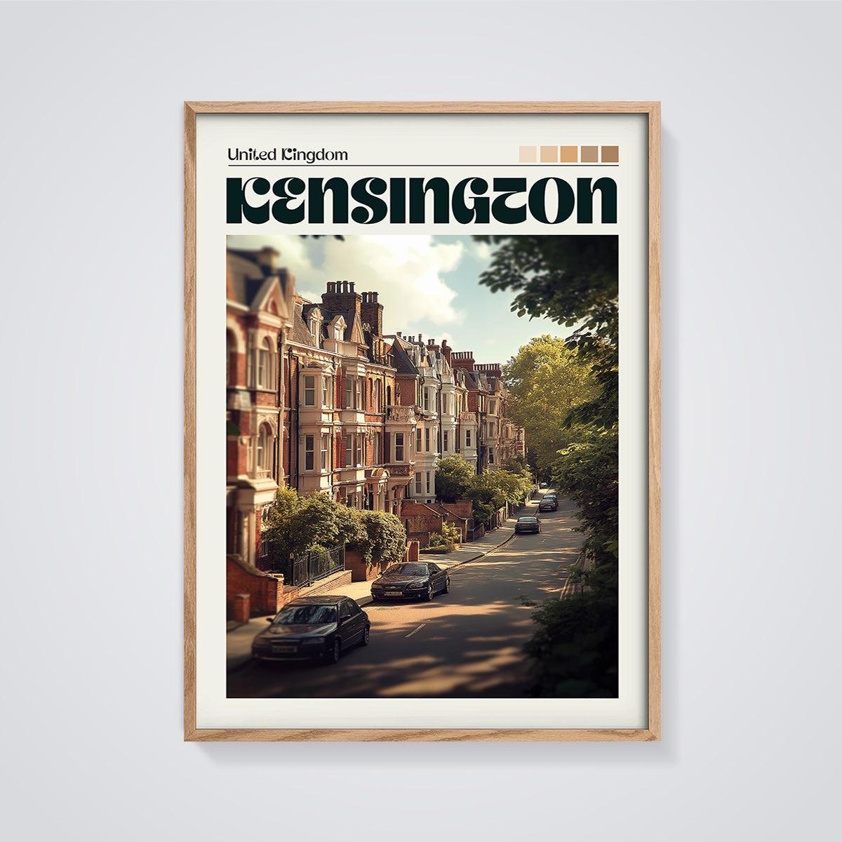 Kensington London Houses Print framed in oak on a grey background