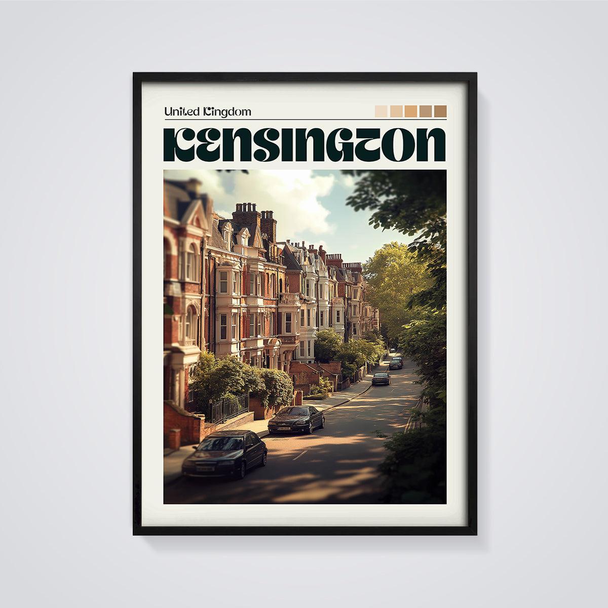 Kensington London Houses Print framed in black on a grey background