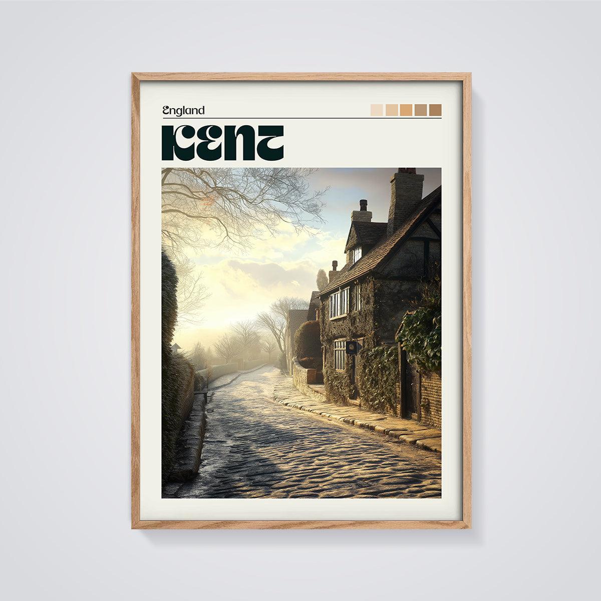 Kent Village Street Print framed in oak on a grey background