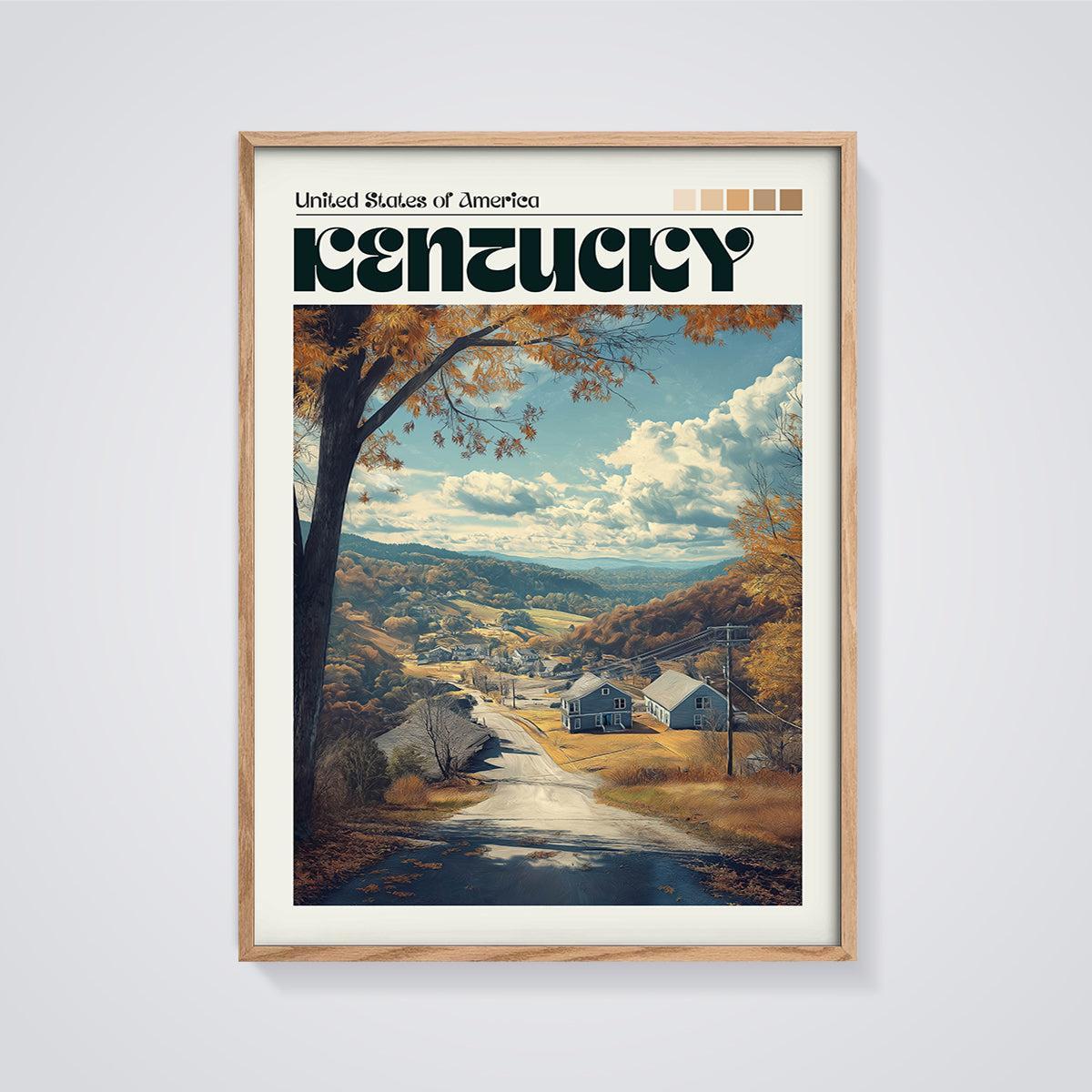 Kentucky Valley Road Print framed in oak on a grey background