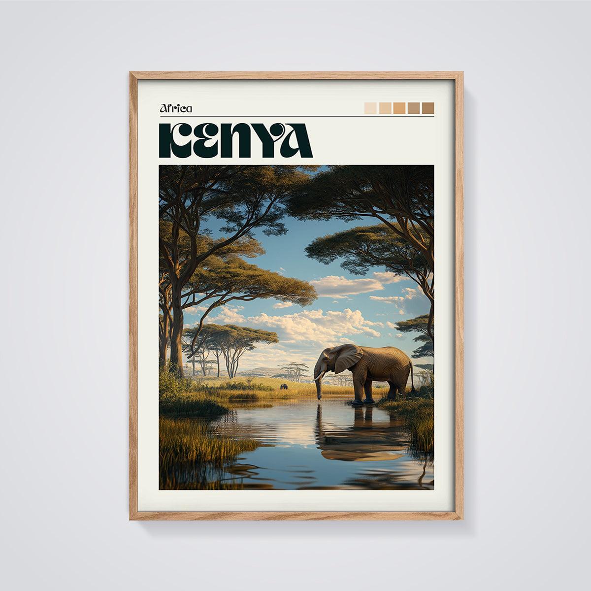 Kenya Elephant Safari Print framed in oak on a grey background