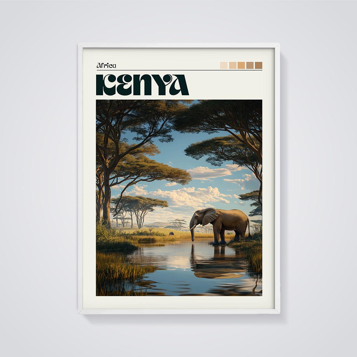 Kenya Elephant Safari Print framed in white on a grey background