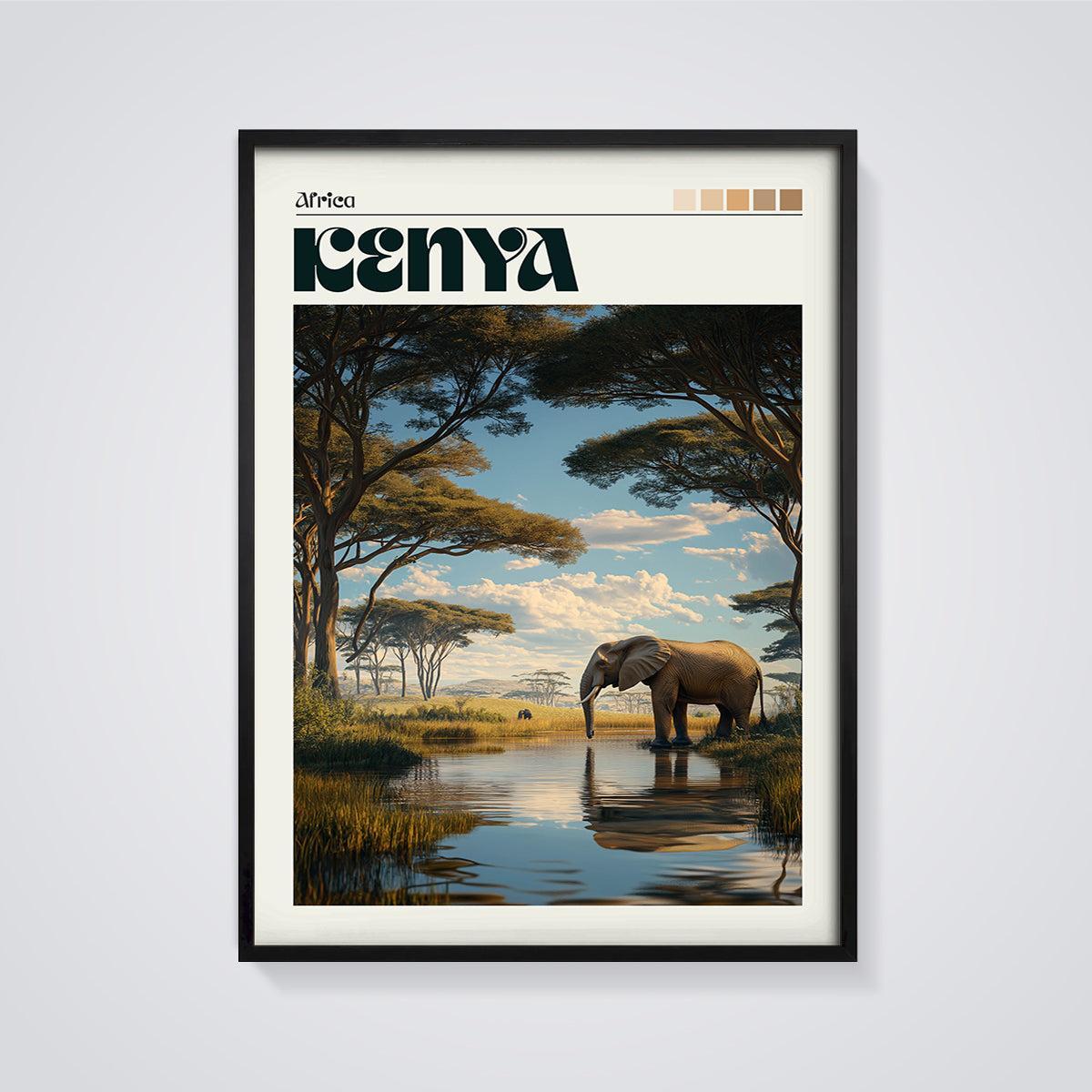 Kenya Elephant Safari Print framed in black on a grey background