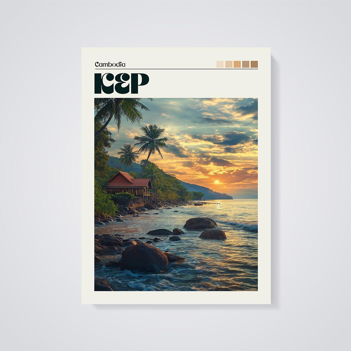 Kep Cambodia Beach Sunset Print unframed on a grey background