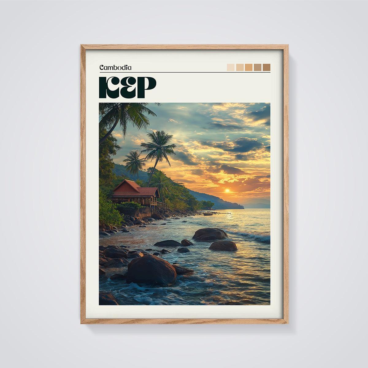 Kep Cambodia Beach Sunset Print framed in oak on a grey background