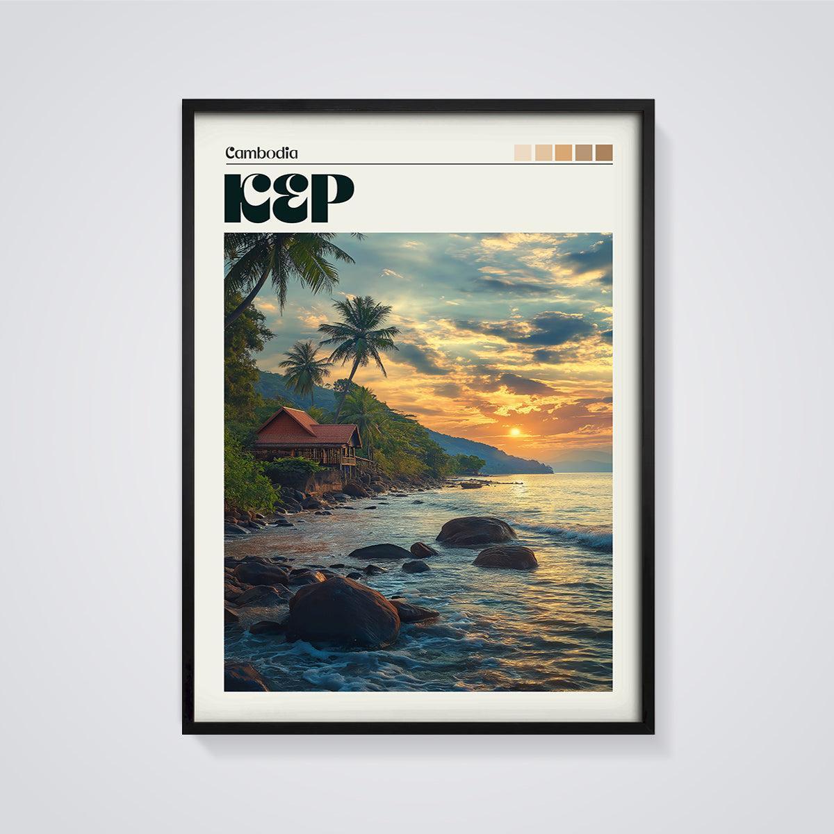 Kep Cambodia Beach Sunset Print framed in black on a grey background