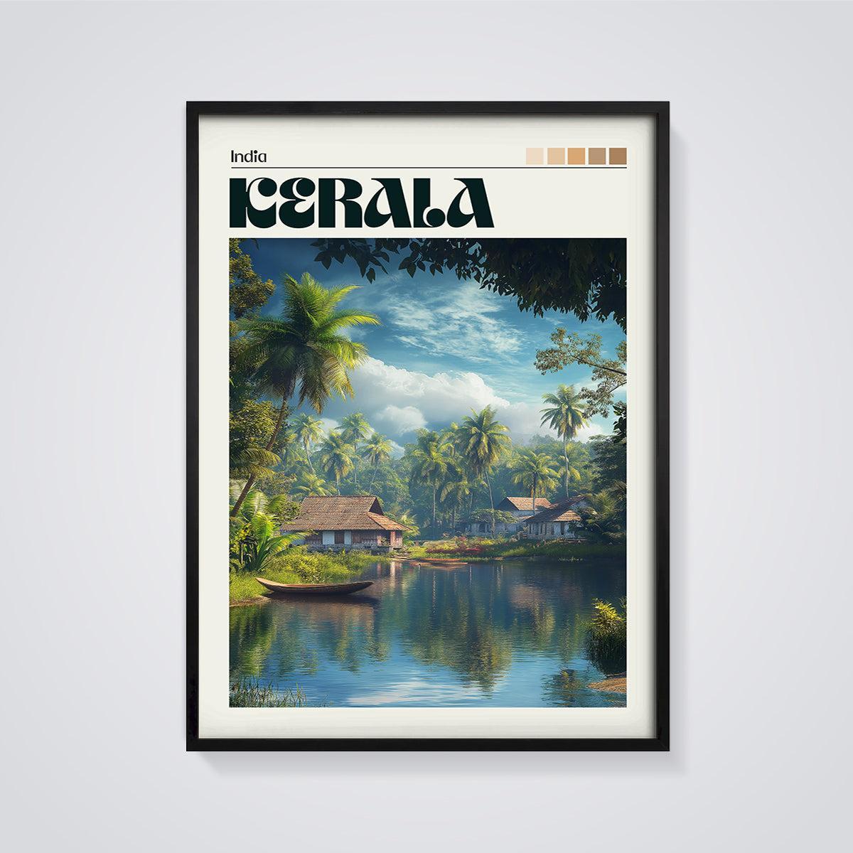 Kerala Backwater Village Print framed in black on a grey background