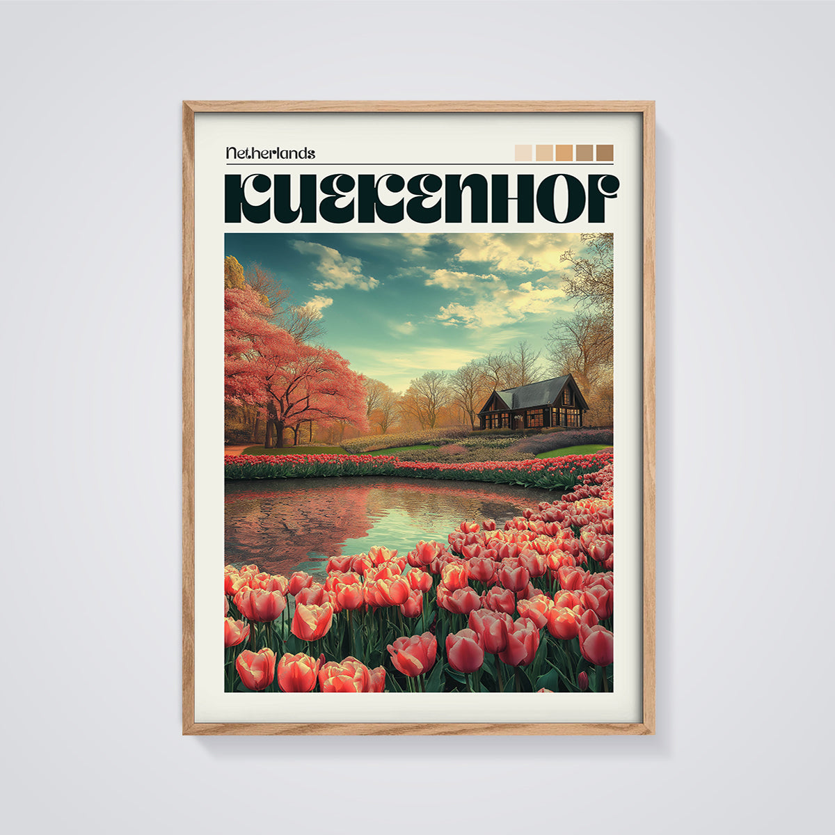Keukenhof Tulip Garden Print framed in oak on a grey background