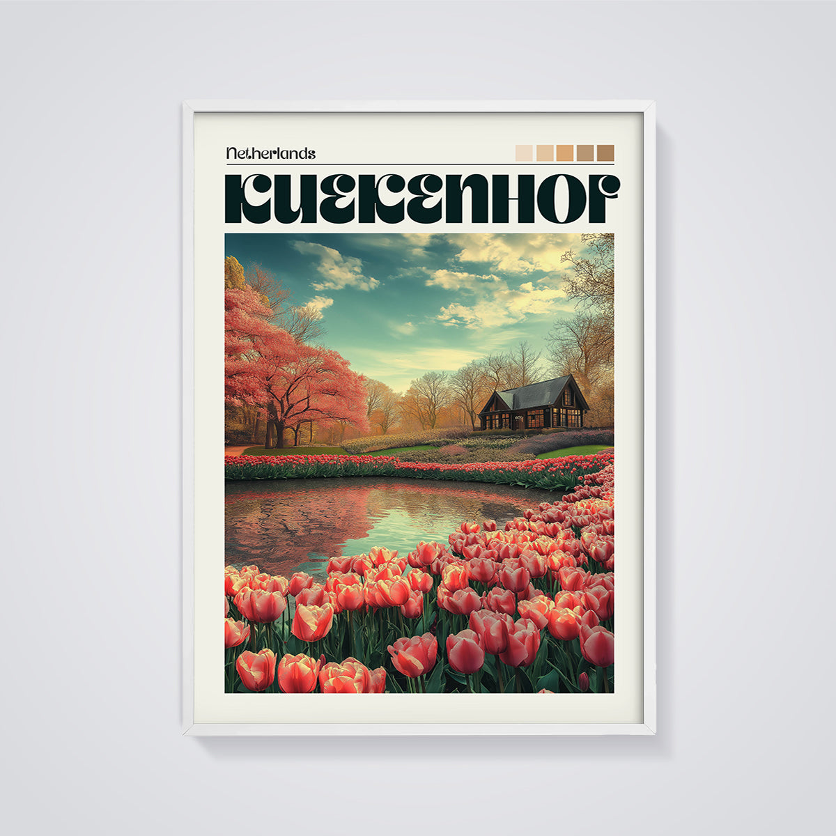 Keukenhof Tulip Garden Print framed in white on a grey background