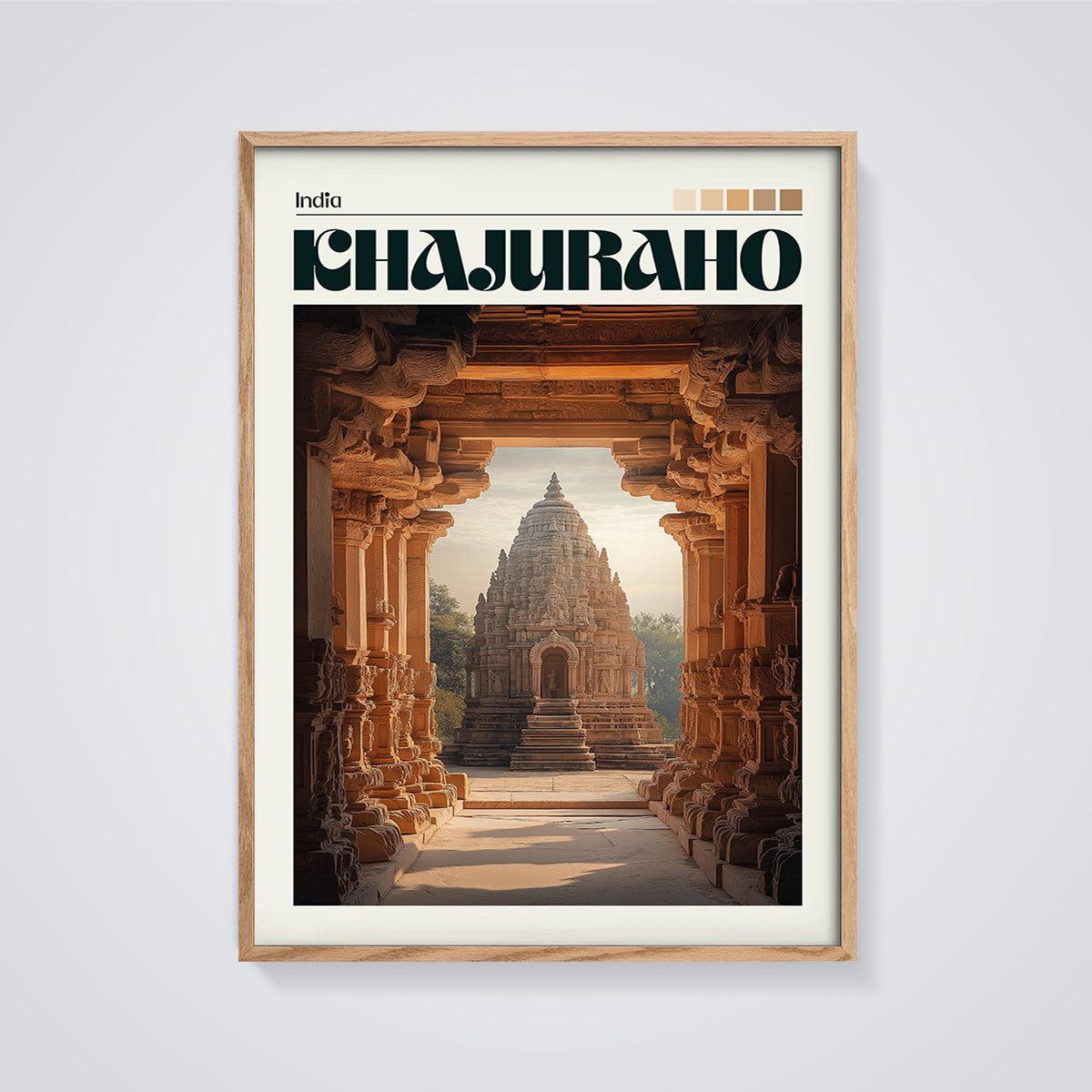 Khajuraho Temple Print framed in oak on a grey background